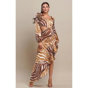 NEW THE SANG long sleeve diagonal ruffle maxi dress in beige